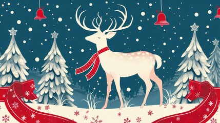 Canvas Print - Holiday themed design with red ribbon white deer tree and bells