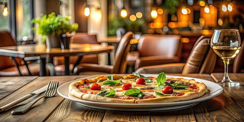 Poster - Plate of pizza on a beautifully set restaurant table, pizza, Italian food, dining, restaurant, table setting, delicious, cheese