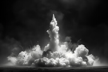 Poster - Missile launch. Huge white smoke cloud explosion on a black background. Created with Generative AI technology.