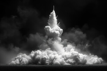Poster - Missile launch. Huge white smoke cloud explosion on a black background. Created with Generative AI technology.