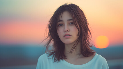 Portrait of a young Japanese woman gazing into the distance with the sunset in the background, creating a serene and contemplative mood.