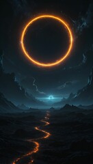 Poster - AI generated illustration of a surreal landscape featuring a glowing orange ring in the sky