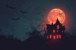 © Minerva Studio - Haunted house is standing on a hill with bats flying under the red moon on halloween night