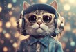© wafi - isolated vignetting earphones nature texture ai anthropomorphic graphic sound animal disc superstar music kitten illustration neon melody vintage background disco print audio fun party funny dj portra