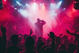 A dynamic scene of a rap battle at a nightclub filled with an energetic crowd, vibrant red and purple lighting