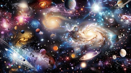 Sticker - a cosmic tapestry: galaxies, stars, and planets in a symphony of color