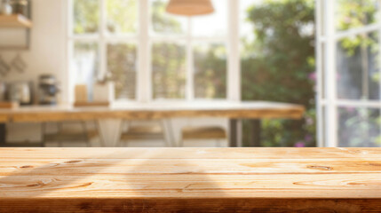 Poster - Empty wooden tabletop with blurred kitchen in background, perfect for product placement