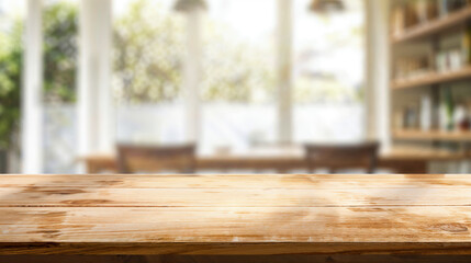 Poster - Empty wooden tabletop with blurred cafe background, ideal for product placement