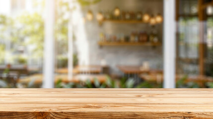 Aufkleber - Empty wooden tabletop over blurred cafe background for product montage