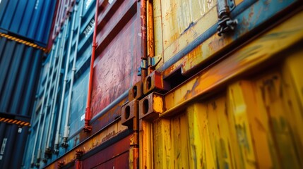 Wall Mural - Shot of shipping containers lined up they are on top of each other different colors 