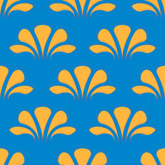 Canvas Print - Yellow fantasy flowers are symmetrically arranged on a blue background forming a seamless pattern for wrapping paper, modern textiles. Vector.