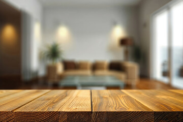 Poster - Empty wooden tabletop over blurred living room background for product display montage