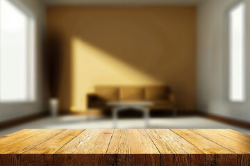 Poster - Product display on an empty wooden table top with a blurred living room background