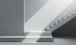 © Nadin Faust - minimalist white background with stairs, concrete floor, and sunlight, modern home entryway design for product presentation or showcase