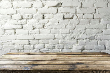 Poster - Empty wooden tabletop on blurred white brick wall background for product placement