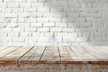 Aufkleber - Empty wooden tabletop with blurred white brick wall background for product display