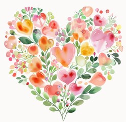 Wall Mural - Heart shaped floral bouquet clipart watercolor cute and dreamy colorful pink green orange red yellow pastel colors white background valentine s day theme