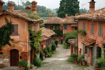 A narrow street with traditional Italian houses