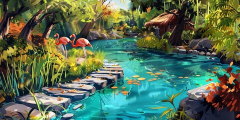 Wall Mural - Beautiful landscape painting at the zoo in spring with flamingos, on the side of the water there is a path or stones