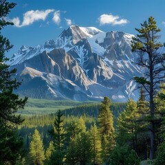 Canvas Print - The summit of a snow capped mountain rising above a green forest