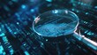 © 69 - Abstract IT Security Risk Assessment concept: A magnifying glass focused on a document amidst a digital backdrop, emphasizing scrutiny and protective measures in cybersecurity protocols.