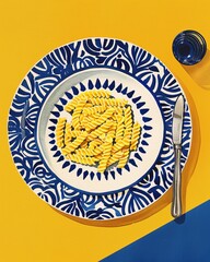 Wall Mural - Flatlay food in the table fusilli pasta simple yet minimal kawaii drawing hard edged salt gouache freestyle gestural art warm yellow and blue tones romantic warm feeling artwork bold color palette