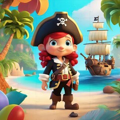 Wall Mural - a cartoon pirate standing on a beach with a pirate ship in the background