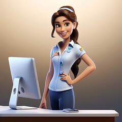 Poster - a cartoon woman standing in front of a computer