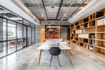 Wall Mural - A large open space office white desk and chairs in the center of room concrete floor and ceiling modern architecture style natural lighting photo taken sony ar camera modern minimalism interior