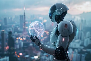 Poster - Robot Holding a Digital Globe Over a City