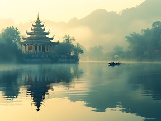 Wall Mural - Tranquil scene of a revered temple by the river at dawn, with a boat drifting along the calm waters, enveloped in soft morning light. copy space for text, focus cover all aspect, deep depth of field,