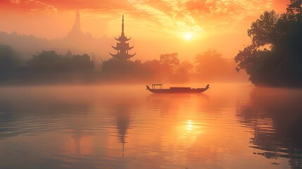 Wall Mural - sunrise over a renowned temple by the river, casting a beautiful reflection on the water with a smal