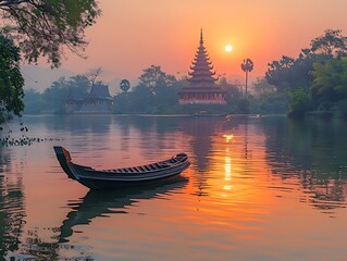 Wall Mural - sunset casting a warm glow over a temple by the river, with a boat floating serenely on the water, c