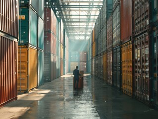 Wall Mural - 4k sony alpha a70 hyper realistic dynamic shot of container destuffing logistics bright dynamic daylight person opening containers in a well lit warehouse