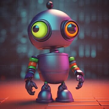 a little robot with big eyes standing in a room