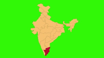 Poster - Tamil Nadu map animated video. Map Highlighted on the India map with animation and colour with Green screen background in video format.	
