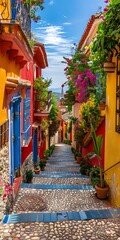 Sticker - Colorful Stone Steps in a Narrow Alleyway with Flowers