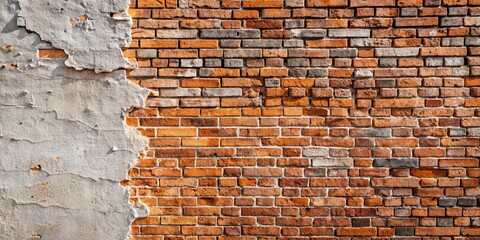 Wall Mural - Half brick half plaster background with copyspace , brick, plaster, building material, construction, texture, rough