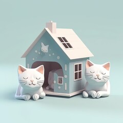 Poster - two white cats sitting in front of a blue house