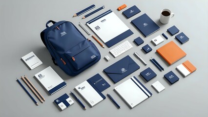 Corporate branding mockup with blue and orange stationery, a backpack, pens and pencils on a grey background.