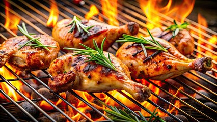 Poster - Grilled chicken cooking on a barbecue grill, BBQ, cooking, food, dinner, summer, healthy, meal, flame, smoke, meat