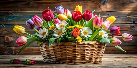 Wall Mural - Lush Easter floral arrangement with bright tulips and daisies in a rustic basket , Easter, floral, arrangement, basket, tulips