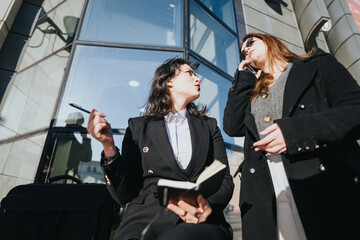 Wall Mural - Two professional young businesswomen in a discussion outside an office building, collaborating on work with city reflections.