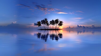 Wall Mural - 360 panorama blue sky with few clouds, small tropical island in the middle of ocean, palm trees on it, sun is setting behind them, reflection in water, hyper realistic copy space for text, focus