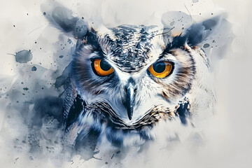Wall Mural - Majestic watercolor owl with expressive eyes and soft, blended tones on a white background
