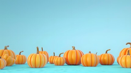 3d render of a pumpkin patch on a pastel blue background, no peaple