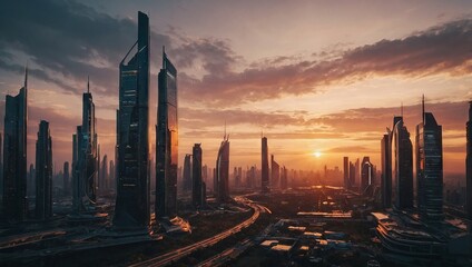 Wall Mural - Futuristic city skyline at sunset