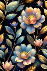 Wall Mural - A detailed digital painting of pink, blue, and yellow flowers and golden leaves