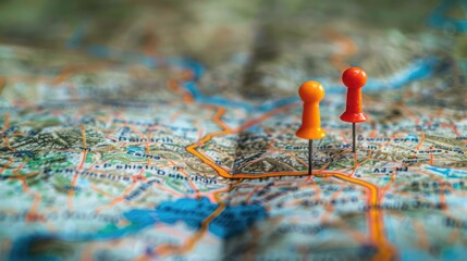 Poster - Detailed map showing a specific location marked with two vibrant pins, symbolizing starting and destination points in a GPS navigation system for efficient route planning.