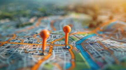 Poster - Detailed map showing a specific location marked with two vibrant pins, symbolizing starting and destination points in a GPS navigation system for efficient route planning.
